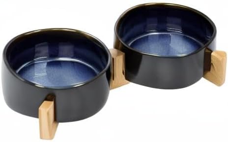 SPUNKYJUNKY Ceramic Dog and Cat Bowl Set with Wooden Stand, Modern Cute Weighted Food Water Set for Small Size Dogs (13.5OZ) & Medium Sized Dogs (28.7OZ) & Cats (1.7 Cups, 2 × Starry Blue) - Image 7