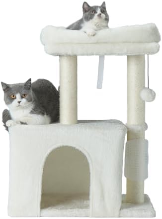 PEEKAB Small Cat Tree Tower,Scratching Post with Condo and Perch for Indoor Cats and Kittens,with Dangling Ball Massage Brush,Beige by PEEKAB