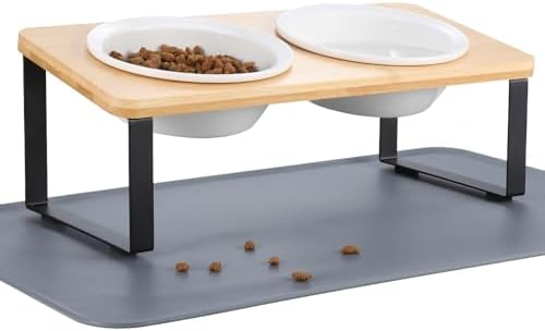 Elevated Whisker Friendly Cat Bowls, 15 Tilted Stand Anti Vomiting Raised Dishes for Food and Water, Ceramic Bowls for Cats and Puppy,Bamboo by Summark