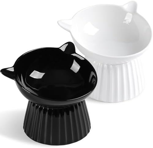 Ceramic Raised Cat Bowl，Tilted Raised Bowl Anti Vomit Bowls for Indoor Cats Whisker Friendly Pet Feeder for Cats Puppies, Microwave and Dishwasher Safe by Wellbro