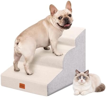 Dog Stairs for Small Dogs,15.7" H,3-Step Curved Pet Ramp for Bed Couch Sofa and Chair,Non-Slip Pet Steps for Injured & Senior Pets with Washable Cover and Durable High Density Foam,Beige by NAPWAYS