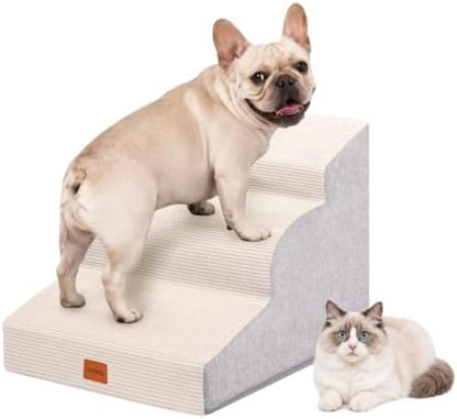 Dog Stairs for Small Dogs,15.7" H,3-Step Curved Pet Ramp for Bed Couch Sofa and Chair,Non-Slip Pet Steps for Injured & Senior Pets with Washable Cover and Durable High Density Foam,Beige by NAPWAYS
