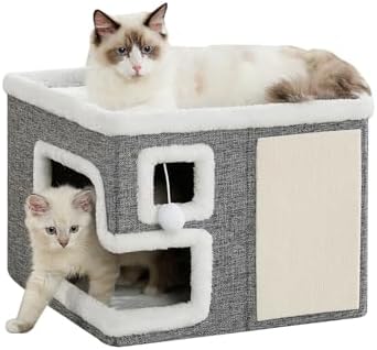 Cat Houses for Indoor Cats, Covered Cave Bed with Scratch Pad and Fluffy Ball, Foldable Cat Hideaway Condo for Large Cats, Modern Kitten Bed,16.5x16.5x13 inches (Grey, Large) by Unknown