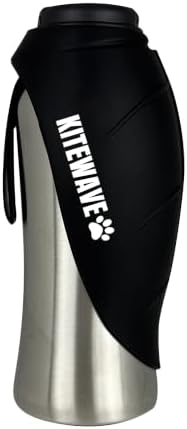 Kitewave Portable Dog Water Bottle, 27 oz Stainless Steel Pet Bottle with Flip-Up Leaf Bowl, Leakproof One-Press Dispenser for Walking, Hiking & Travel, BPA-Free, All Dog Breeds (Black) by Kitewave