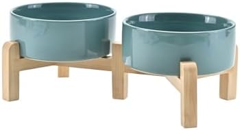SPUNKYJUNKY Elevated Dog Bowls Ceramic, 5.1'' Dogs and Cat Food Water Bowls Raised with Non-Slip Bamboo Stand for Puppy Small Sized Breed Microwave Dishwasher Safe - 13.5 OZ,Dark Green by SPUNKYJUNKY