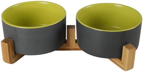 Ceramic Dog and Cat Bowl Set with Wooden Stand Matte Glaze Elevated Food Water Set Anti-Tip Non-Slip Weighted for Cats Small Breed Dogs-Green-13.3OZ by Unknown