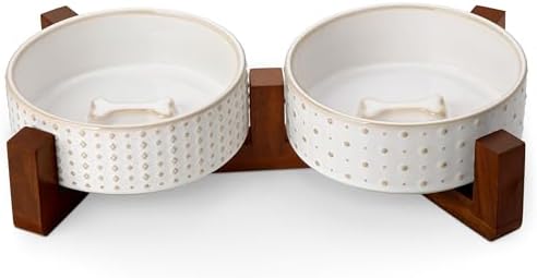 MALACASA Dog Bowl Set, Ceramic Bowls with Walnut Wood Stand, 2 Cups by MALACASA