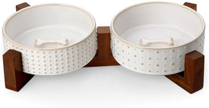 MALACASA Dog Bowl Set, Ceramic Bowls with Walnut Wood Stand, 2 Cups by MALACASA