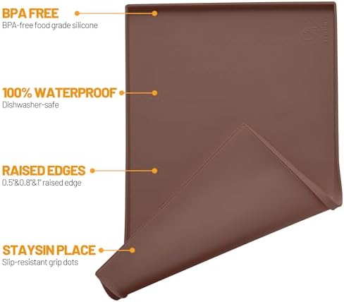 Hubulk Dog Feeding Mat,100% Waterproof Food Grade Silicone Pet Food and Water Bowl Placemat,Dishwasher, High Raised Edge to Prevent Spills,Nonslip Tray to Stop Messes on Floor（28"x18"x0.8", Brown） - Image 2