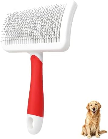 Self-Cleaning Slicker Dog Brush for Large Long-Haired Breeds （White, Red) by PetJoyHaven