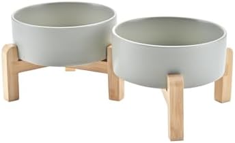 SPUNKYJUNKY Elevated Dog Bowls Ceramic, 5.1'' Dogs and Cat Food Water Bowls Raised with Non-Slip Bamboo Stand for Puppy Small Sized Breed Microwave Dishwasher Safe - 13.5 OZ,Grey by SPUNKYJUNKY