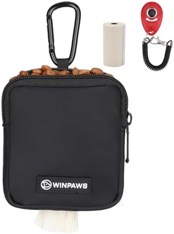 Dog Treat Pouch with Training Clicker,Waterproof Nylon Fabric Poop Bag Holders for Leashes,Hands Free Small Dog Walking Bag with Carabiner, Pet Puppy Training Walking Essentials (Black) by Unknown
