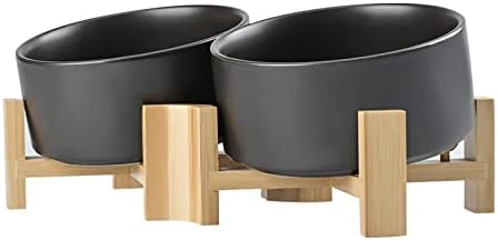 SPUNKYJUNKY 15° Slanted Ceramic Dog and Cat Bowl with Wooden Stand, Tilted Bulldog Food and Water Bowl No Slip Non-Spill for Cats Medium Dogs Big Face Pets 28.7 OZ (3.6 Cups, Black × 2) by SPUNKYJUNKY