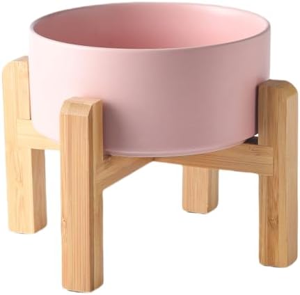 6'' Ceramic Raised Dog Bowl - 30Oz Dog Food & Water Bowl with Elevated Non-Slip Bamboo Stand, Dishwasher & Microwave Safe, Anti Vomiting Heavy Duty Pet Bowl for Small and Medium Dogs, Pink by Welloyed