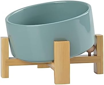 SPUNKYJUNKY 15° Slanted Ceramic Dog and Cat Bowl with Wooden Stand, Tilted Bulldog Food and Water Bowl No Slip Non-Spill for Cats Medium Dogs Big Face Pets 28.7 OZ (3.6 Cups, Light Green) by SPUNKYJUNKY