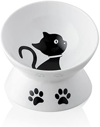 Sweejar Ceramic Raised Cat Bowls, Slanted Cat Dish Food or Water Bowls, Elevated Porcelain Pet Feeder Bowl Protect Cat's Spine, Stress Free, Backflow Prevention(White) by Sweejarco1949