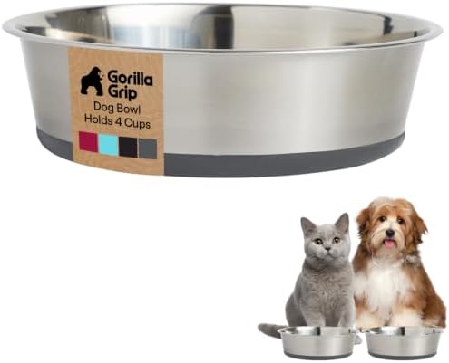 GORILLA GRIP Dog Bowl, Food Grade Stainless Steel Water Bowls, 4 Cup Gray by GorillaGrip