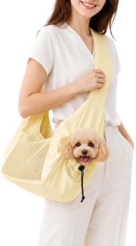 Dog Sling Carrier for Small Dogs & Cats Up to 15lbs, Hands Free Pet Carrier with Bottom Support and Large Pocket, Soft Breathable Mesh Cat Carrier Bag for Travel Hiking Walking (Yellow) by AXEARTE