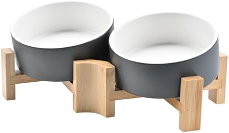SPUNKYJUNKY 15° Slanted Ceramic Dog and Cat Bowl with Wooden Stand, Tilted Bulldog Food and Water Bowl No Slip Non-Spill for Cats Medium Dogs Big Face Pets 13.5 OZ (1.7 Cups, White-Grey × 2) by SPUNKYJUNKY