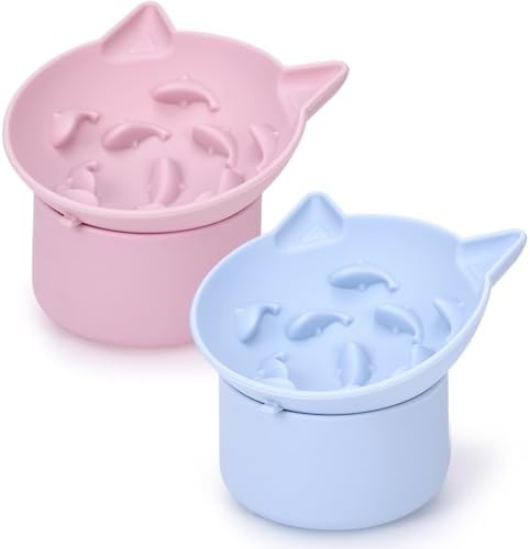 Funnymoom 2 Pack Silicone Cat Slow Feeder, Elevated Slow Feeder Cat Bowl for Dry and Wet Food, Tilted Design with Non Slip Base, Adjustable Angle for Pet(Pink and Blue) by Funnymoom