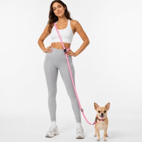 Kazazoo Hands-Free Dog Leash Adjustable Length 5-8 Ft,Waist & Crossbody Leash for Walking with Small Dogs Bichon Frisé & Teddy Reflective Strips, Ballistic Nylon, Waist Belt, Lightweight Pink by Kazazoo