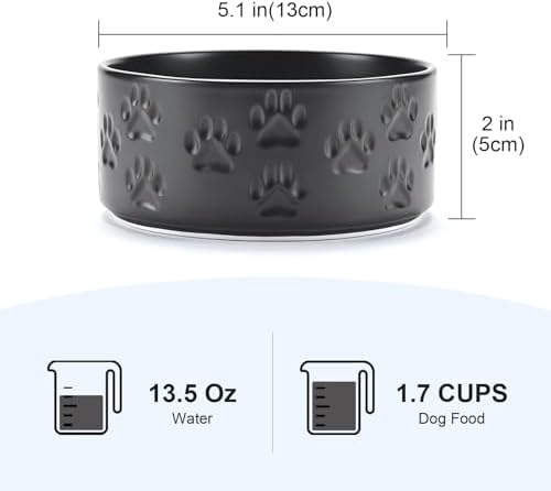 SPUNKYJUNKY Ceramic Dog and Cat Bowls 2 Pack, 5.1'' Dog and Cat Food Water Double Feeding Bowls Non-Slip for Cats and Puppy Small Sized Breed Dogs Microwave Dishwasher Safe - 13.5 OZ, 2pcs, Paw Black - Image 2