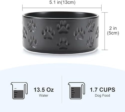 SPUNKYJUNKY Ceramic Dog and Cat Bowls 2 Pack, 5.1'' Dog and Cat Food Water Double Feeding Bowls Non-Slip for Cats and Puppy Small Sized Breed Dogs Microwave Dishwasher Safe - 13.5 OZ, 2pcs, Paw Black - Image 2