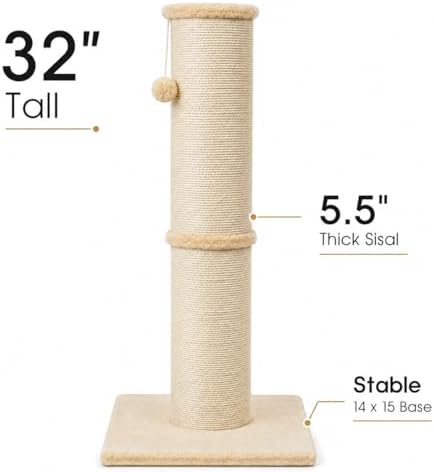 PAWSCRAT 32-Inch Tall Cat Scratching Post, 5.5-Inch Diameter, Sisal, Beige - Image 2