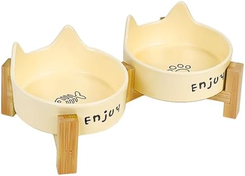 Ceramic Dog and Cat Bowl Set with Wooden Stand-Raised Non-Slip Bottom Weighted Matte Glaze Pet Feeder-Yellow Cat Ear-6.76 OZ by Unknown