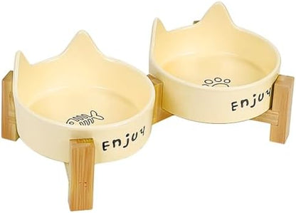 Ceramic Dog and Cat Bowl Set with Wooden Stand-Raised Non-Slip Bottom Weighted Matte Glaze Pet Feeder-Yellow Cat Ear-6.76 OZ by Unknown