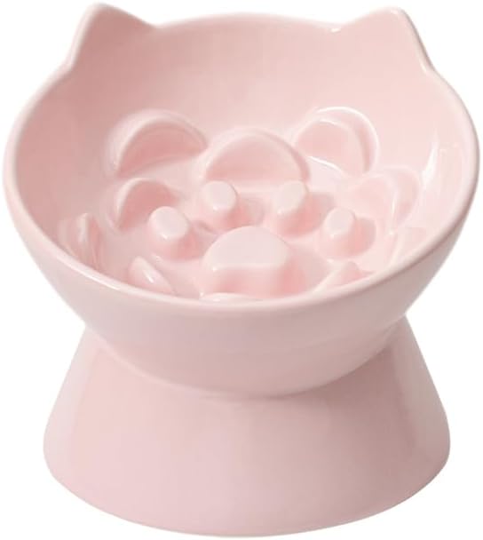 Macarons Series Ceramic Slow Feeder Cat Bowl, Raised Puzzle Feeder, Anti Vomiting Cat Slow Feeding, Elevated Food Bowl, Whisker Friendly Pet Bowl with Cute Ear Design (Pink)