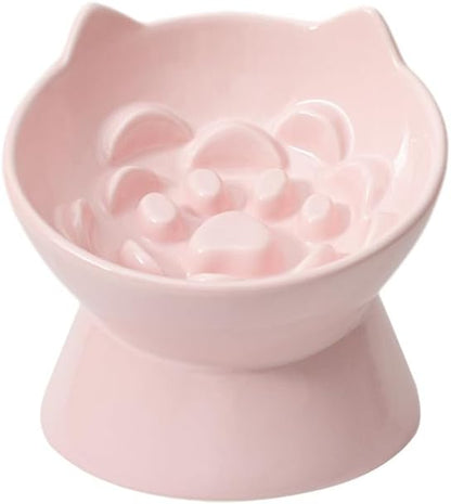 Macarons Series Ceramic Slow Feeder Cat Bowl, Raised Puzzle Feeder, Anti Vomiting Cat Slow Feeding, Elevated Food Bowl, Whisker Friendly Pet Bowl with Cute Ear Design (Pink)