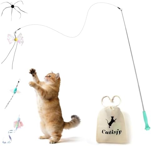 Retractable Cat Wand Toy with 4 Bug-Inspired Feather Refills by MewraThetify