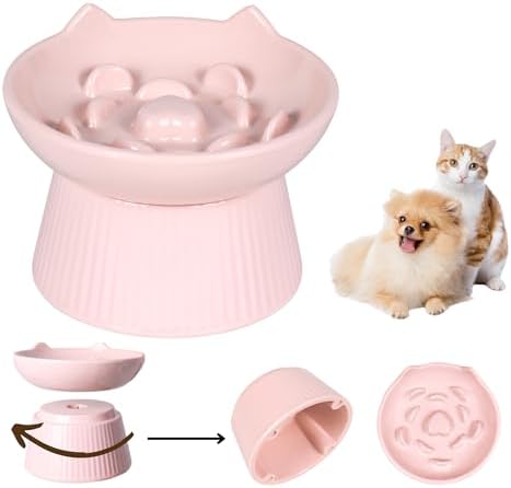 Unbreakable Raised Slow Feeder Bowl for Cats and Small Dogs, Elevated Cat Bowls, Detachable Slow Feede Bowl, Heavy Weighted, Non-Slip Feeder, Dry & Wet Food, Whisker Friendly (Pink; 6.2'') by FullCharm