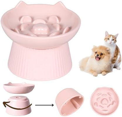 Unbreakable Raised Slow Feeder Bowl for Cats and Small Dogs, Elevated Cat Bowls, Detachable Slow Feede Bowl, Heavy Weighted, Non-Slip Feeder, Dry & Wet Food, Whisker Friendly (Pink; 6.2'') by FullCharm
