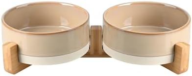 SPUNKYJUNKY Ceramic Dog and Cat Bowl Set with Wooden Stand, Modern Cute Weighted Food Water Bowl Set for Small Size Dogs (1.7 Cups, 2 × Pattern Brown) by SPUNKYJUNKY