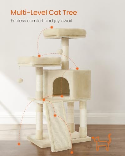 Feandrea Cat Tree, 45.3-Inch Cute Cat Tower, Plush Climbing Condo, Beige - Image 4