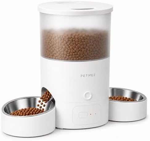 3L Dual Automatic Pet Feeder - Smart & Quiet Cat Automatic Feeders for 2 Cats with App Control, 2 Way Audio, Dual Power Options, Portion Control, Self-Feeding Cat Food Dispenser - White by PETME2