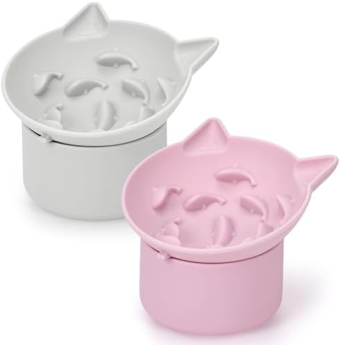 Funnymoom 2 Pack Silicone Cat Slow Feeder, Elevated Slow Feeder Cat Bowl for Dry and Wet Food, Tilted Design with Non Slip Base, Adjustable Angle for Pet(Gray and Pink) by Funnymoom