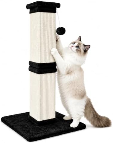 Vertical Cat Scratching Post for Indoor Cats, Sisal Scratch Tower with Soft Plush Base & Dangling Pom Ball, 32'' Tall Cat Scratcher Column, Furniture Protection, Black and White by AGYM