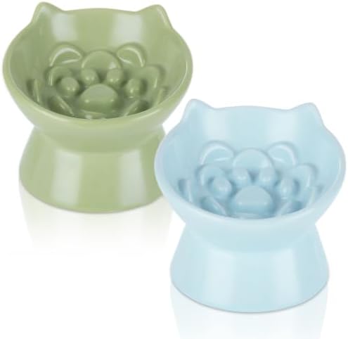 2 Pcs Elevated Slow Feeder Cat Bowls, 5.91 x 5.24 Inch Ceramic Cat Slow Feeder Bowl, 3.54 Inch Raised Base, 3.38 Fl Oz, Green and Blue Ear Shaped Dishes by Oungy