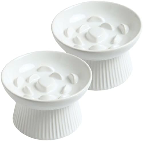 2 Pack Ceramic Slow Feeder Cat Bowl, Raised Puzzle Feeder, Anti Vomiting, Elevated Food Bowl, Whisker Friendly (White) by LeServeta