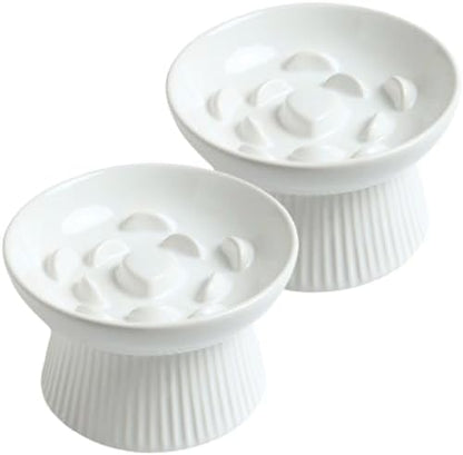 2 Pack Ceramic Slow Feeder Cat Bowl, Raised Puzzle Feeder, Anti Vomiting, Elevated Food Bowl, Whisker Friendly (White) by LeServeta