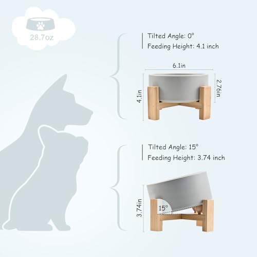 SPUNKYJUNKY 15° Slanted Ceramic Dog and Cat Bowl with Wooden Stand, Tilted Bulldog Food and Water Bowl No Slip Non-Spill for Cats Medium Dogs Big Face Pets 28.7 OZ (3.6 Cups, Grey) - Image 4
