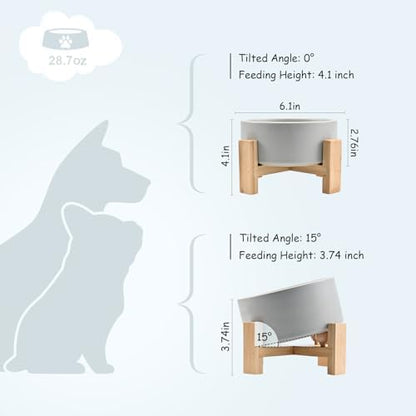 SPUNKYJUNKY 15° Slanted Ceramic Dog and Cat Bowl with Wooden Stand, Tilted Bulldog Food and Water Bowl No Slip Non-Spill for Cats Medium Dogs Big Face Pets 28.7 OZ (3.6 Cups, Grey) - Image 4