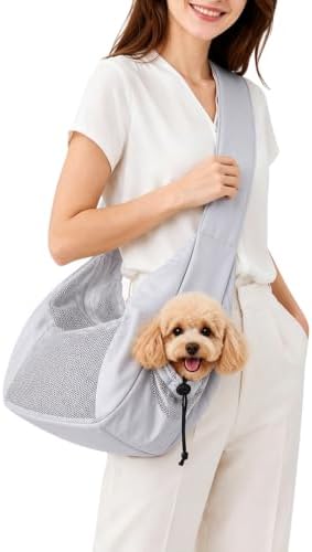 Dog Sling Carrier for Small Dogs & Cats Up to 15lbs, Hands Free Pet Carrier with Bottom Support and Large Pocket, Soft Breathable Mesh Cat Carrier Bag for Travel Hiking Walking (Grey) by AXEARTE