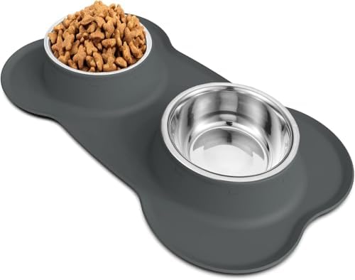 AsFrost Dog Food Bowls, BPA Free Stainless Steel Dog Food and Water Bowl Set, 2 Large Dog Bowls with No Spill Non-Skid Silicone Mat, Dog Dishes for Medium Large Sized Dogs Pet Bowls, 6 Cup, Grey by AsFrost