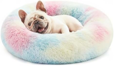 Love's cabin Calming Cat Bed for Indoor Cats, Anti-Anxiety Donut Round Dog Bed,Fluffy Faux Fur Washable Pet Bed for Small Medium Dogs and Cats, Rainbow, 24in by Lovescabin