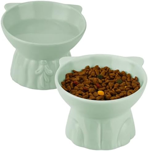 Elevated Cat Bowls 2-Pack, Ceramic Raised Cat Food & Water Dishes - Extra Wide & Shallow Whisker-Friendly Design, Anti-Vomit & Easy Digestion, Lead/Cadmium-Free, Microwave & Dishwasher Safe (Green) by Hovico