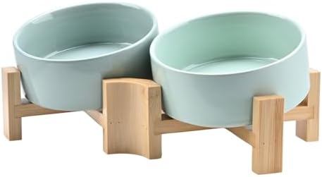 SPUNKYJUNKY 15° Slanted Ceramic Dog and Cat Bowl with Wooden Stand, Tilted Bulldog Food and Water Bowl No Slip Non-Spill for Cats Medium Dogs Big Face Pets 13.5 OZ (1.7 Cups, Morandi Green × 2) by SPUNKYJUNKY
